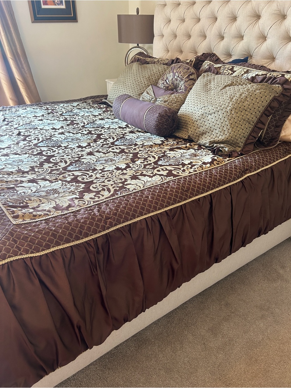 Chocolate Brown and Gold Damask Comforter Set - Unbranded